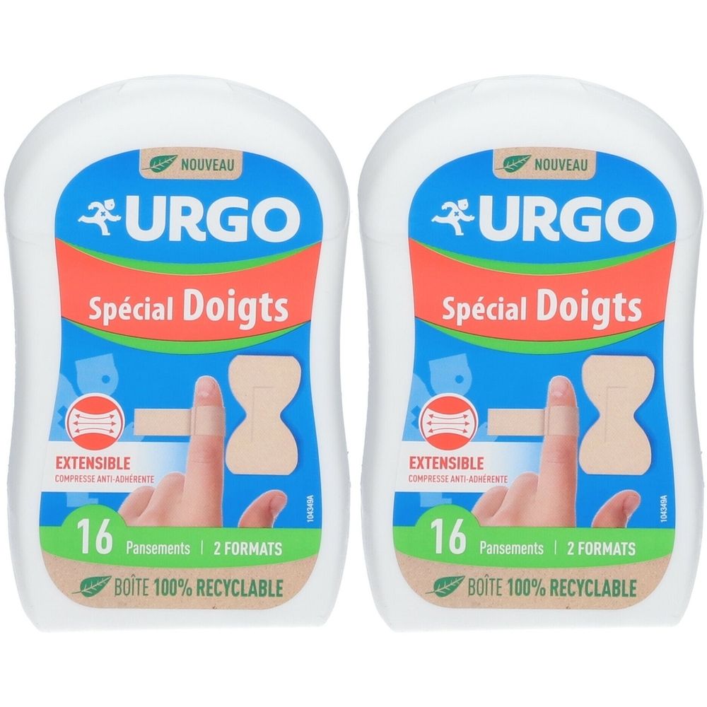 Deux boîtes de pansements URGO Spécial Doigts. Emballage blanc avec texte bleu et rouge. 16 pansements, 2 formats.