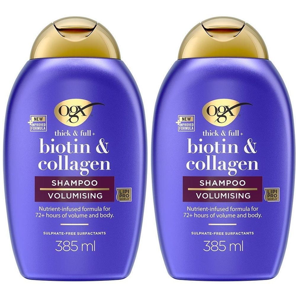 Deux flacons de shampooing violets avec bouchons dorés. Inscription : OGX Biotine & Collagène Shampooing, Volume. 385 ml.