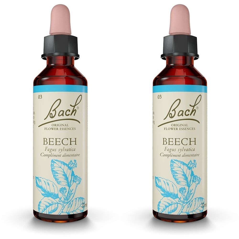 Deux flacons bruns avec compte-gouttes. Inscription : Bach Original Flower Essences, Beech, Fagus sylvatica, complément alimentaire.