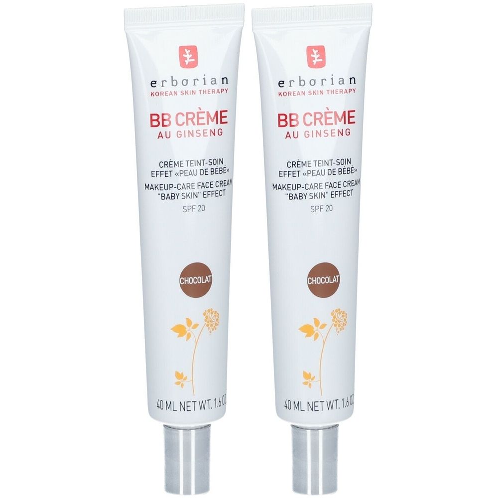 Deux tubes de BB Crème au Ginseng Chocolat. Tubes blancs avec texte et décor floral. 40 ml.