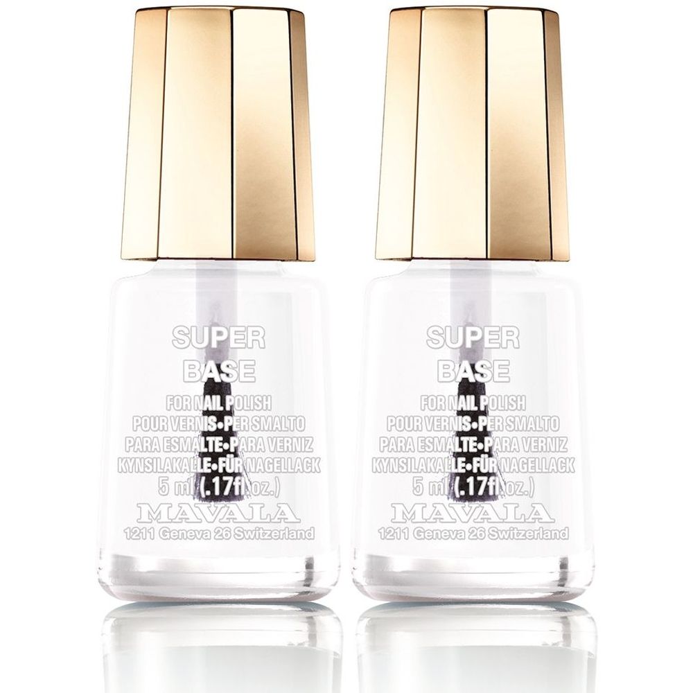 Deux flacons de base à ongles avec bouchons dorés. Inscription : SUPER BASE, FOR NAIL POLISH, MAVALA.