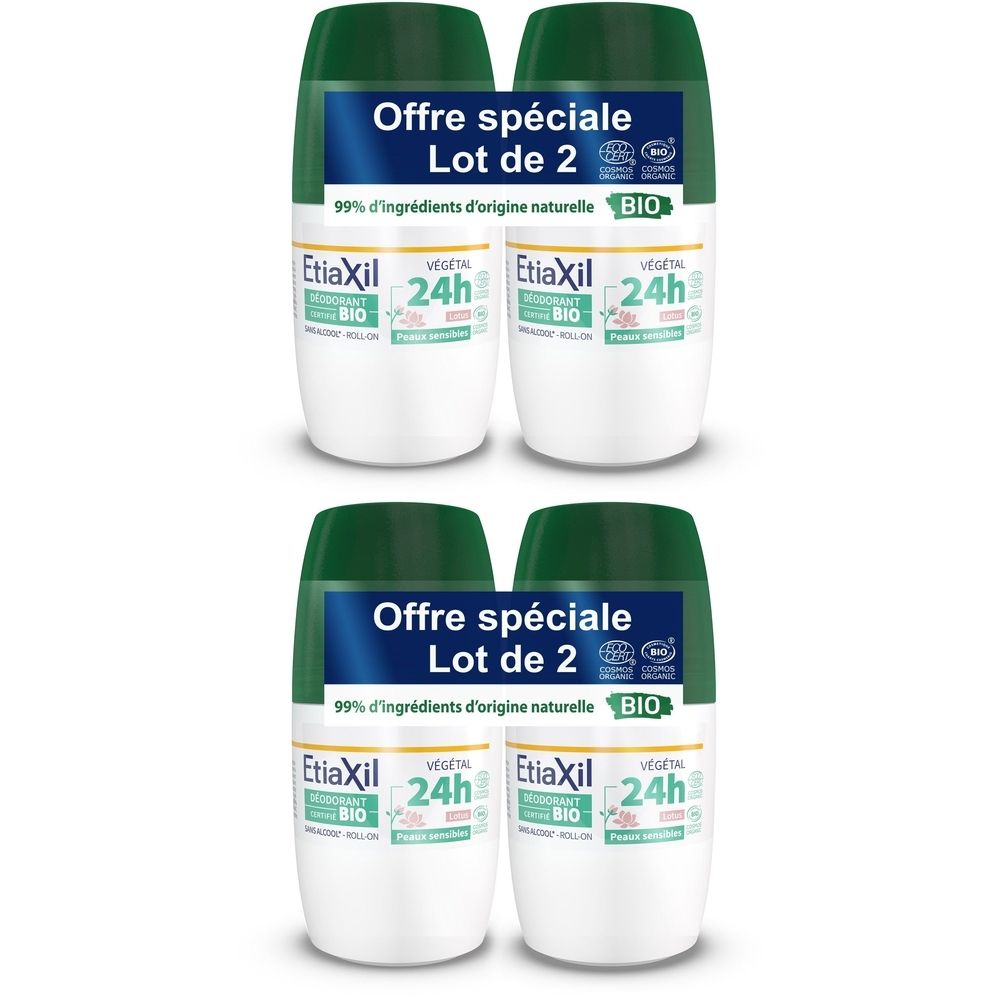 Quatre déodorants roll-on. Flacons blancs et verts. Inscriptions : "Offre spéciale Lot de 2", "Etiaxil", "BIO", "24h".