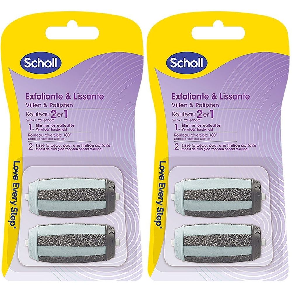 Deux emballages Scholl. Rouleau 2 en 1 pour exfolier et lisser. Inscription : Exfoliante & Lissante. Contient deux recharges.