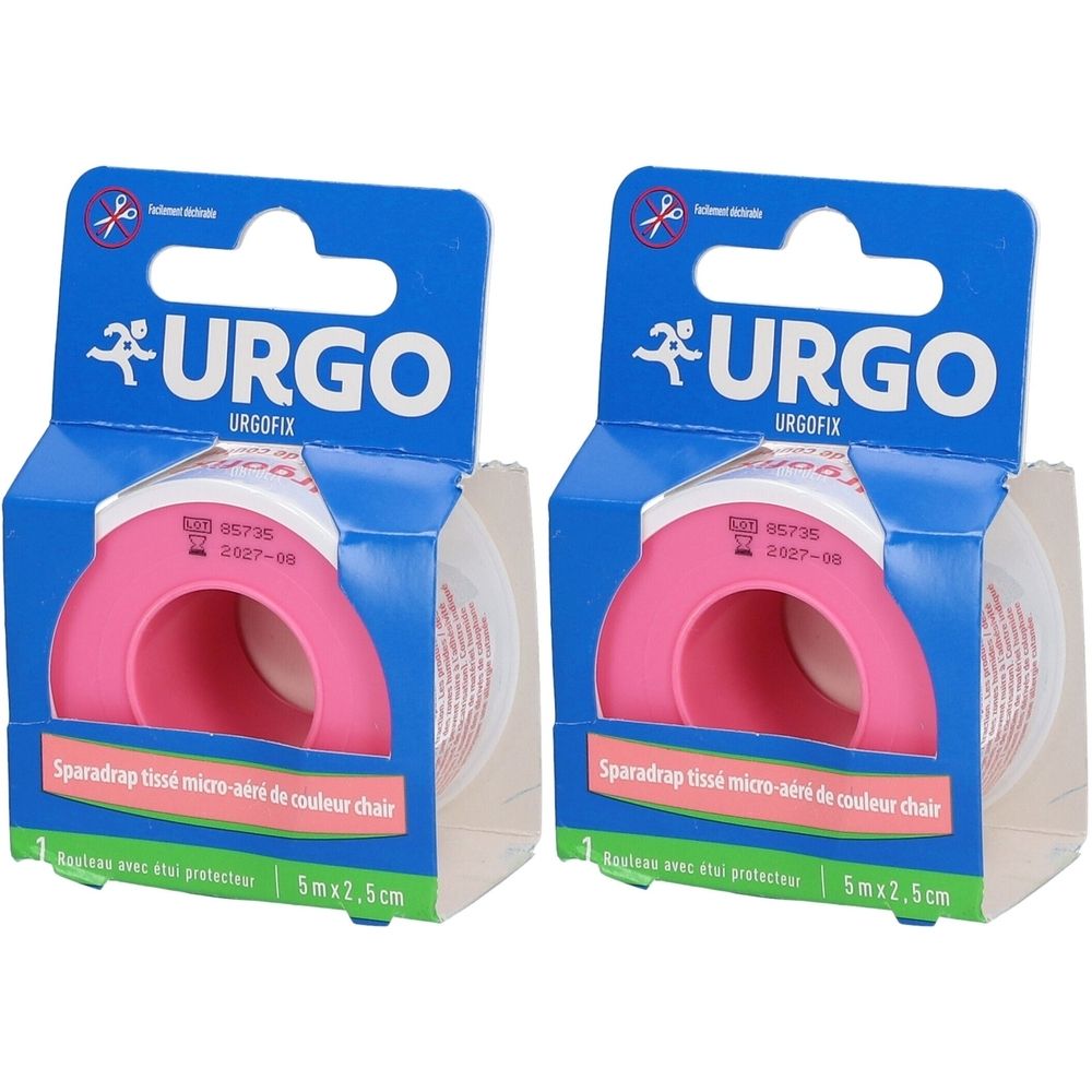 Deux boîtes de sparadrap URGO Urgofix. Rouleau rose dans emballage bleu. Dimensions : 5 m x 2,5 cm.