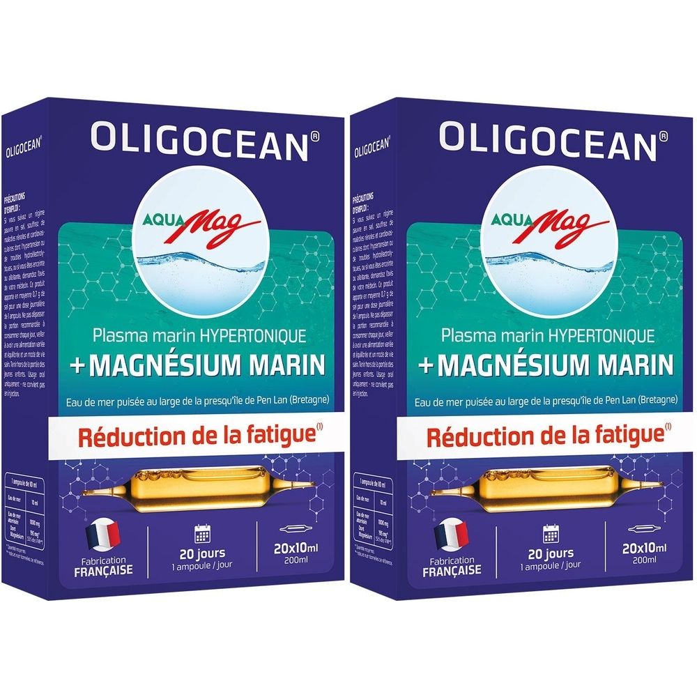 Deux boîtes Oligocean AquaMag. Emballage bleu avec informations produit et logo. Fabrication française.
