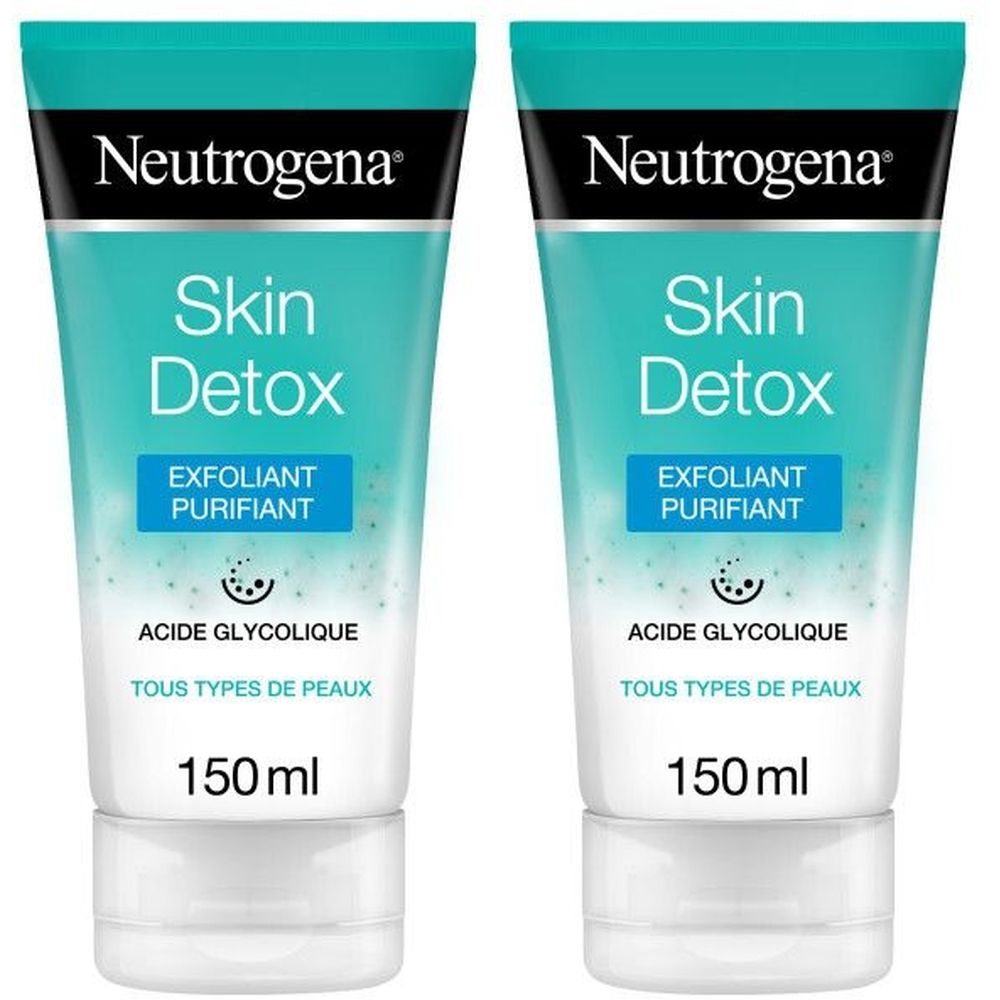Deux tubes de Neutrogena Skin Detox Exfoliant Purifiant. Design turquoise et blanc avec nom du produit et informations. 150 ml.