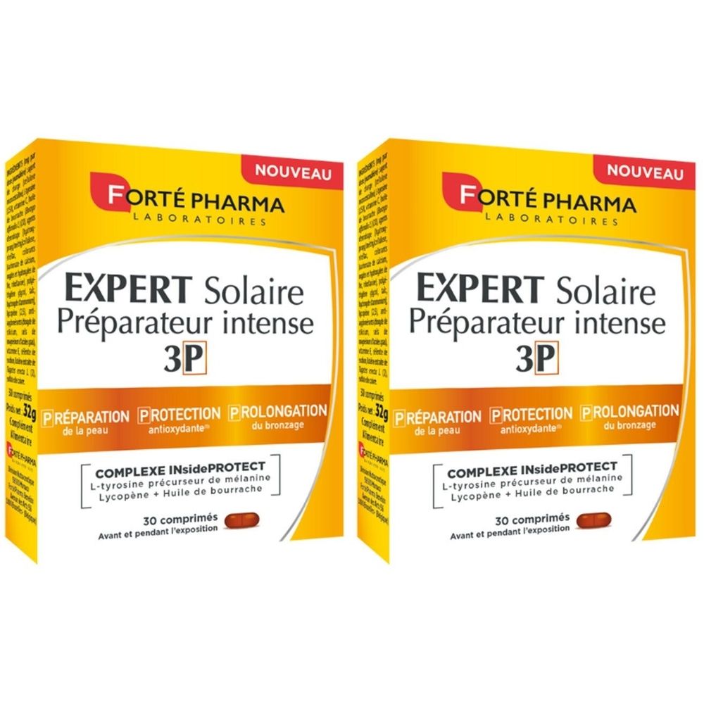 Deux boîtes jaunes. Texte: EXPERT Solaire Préparateur intense 3P. Contient 30 comprimés. Mention « NOUVEAU ».