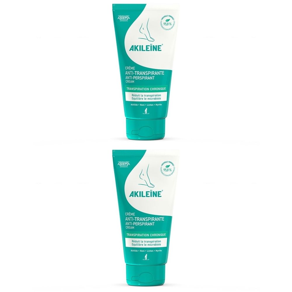 Deux tubes de crème. Inscription: AKILEINE, Crème Anti-Transpirante. Emballage turquoise et blanc.