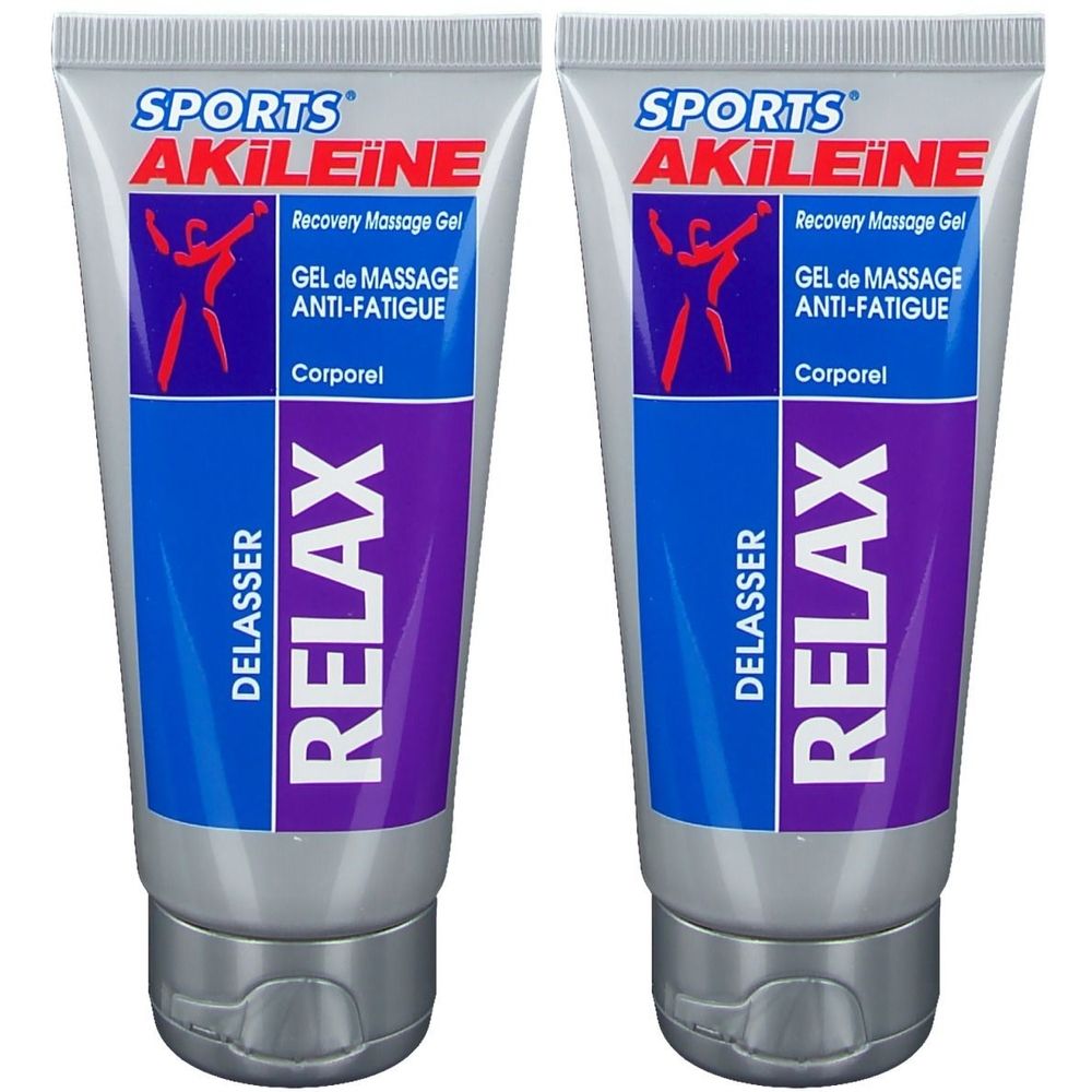 Deux tubes de gel Akileïne RELAX. Tubes gris avec étiquettes bleues et violettes. Texte: SPORTS AKILEÏNE, RELAX, GEL de MASSAGE ANTI-FATIGUE.