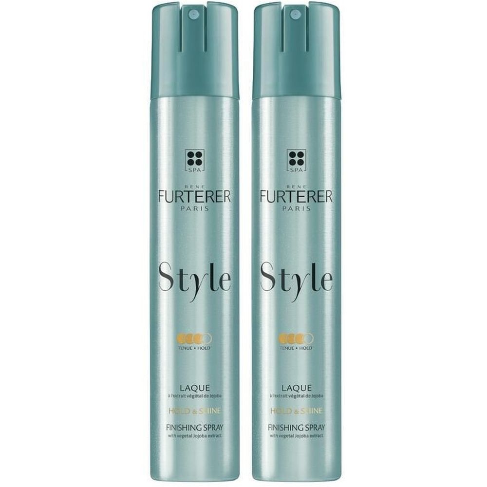 Deux sprays avec bouchons bleu clair. Inscription: René Furterer Style, Laque, Hold & Shine, Finishing Spray.