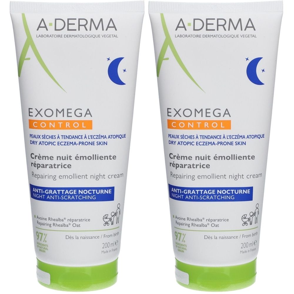 Deux tubes de crème de nuit A-Derma Exomega Control. Tubes blancs avec des accents verts et bleus. Texte : Exomega Control, Crème nuit émolliente réparatrice.