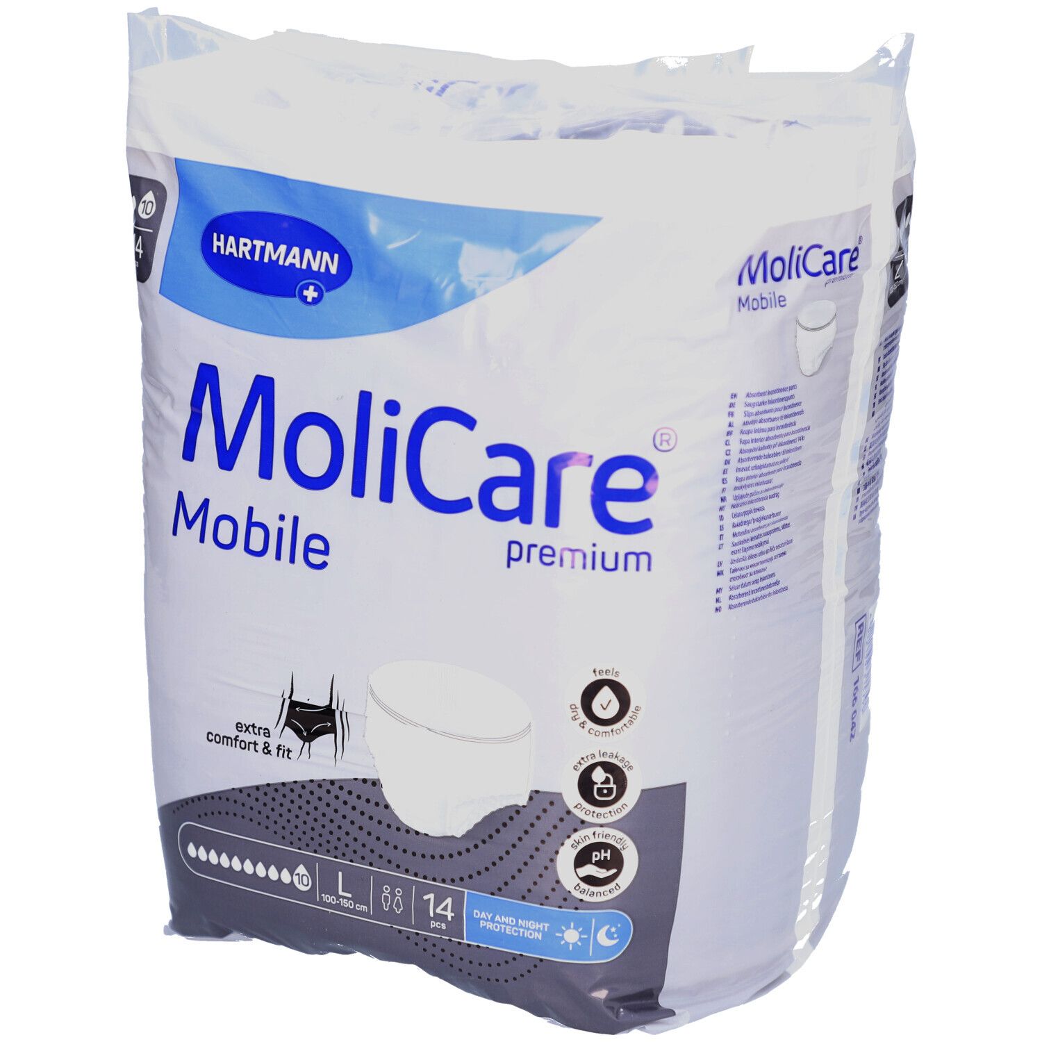Paquet de MoliCare Mobile Premium, taille L, 14 pièces. Marque Hartmann. Confort et ajustement. Protection jour et nuit.