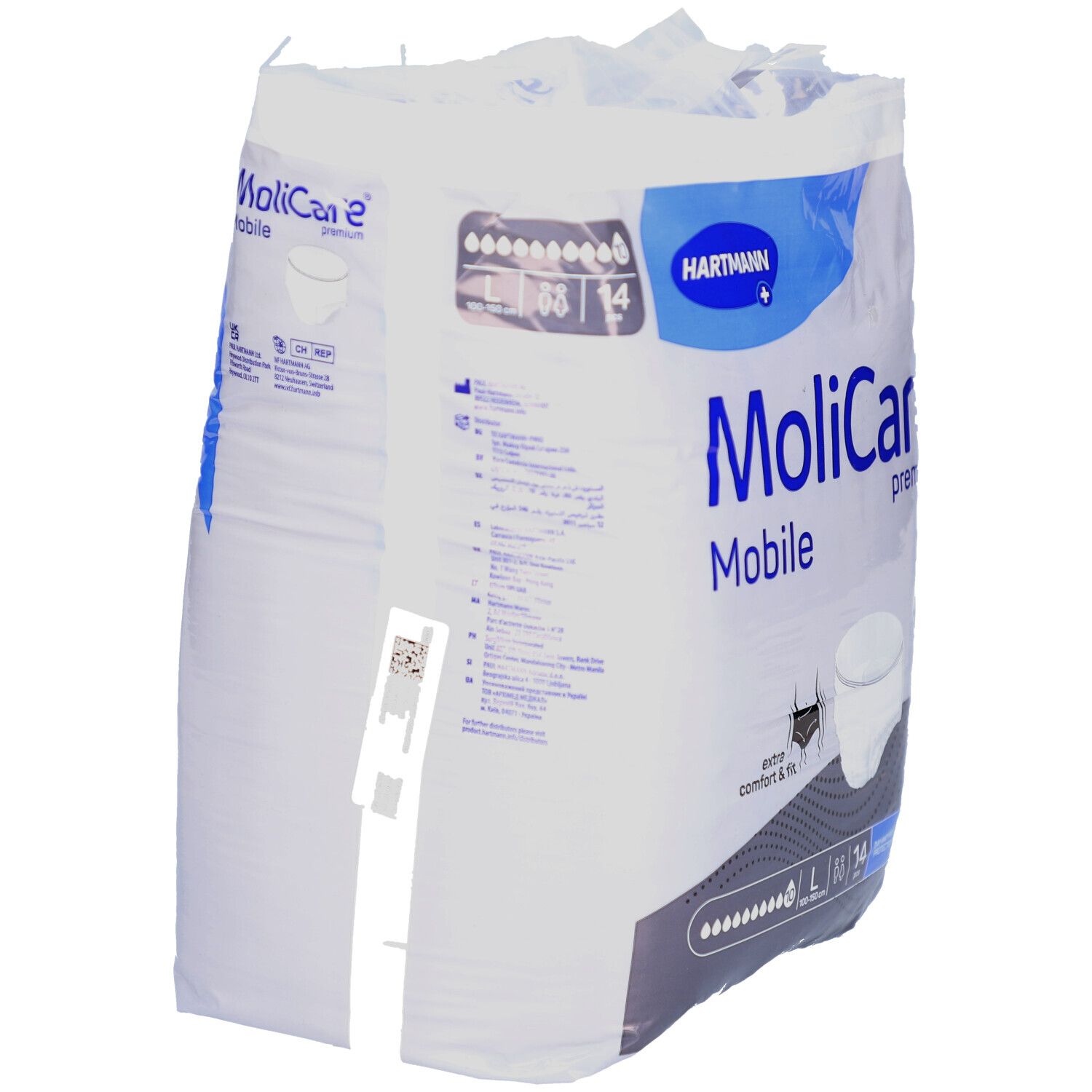 Paquet de MoliCare Mobile Premium, taille L, 14 pièces. Marque Hartmann. Confort et ajustement. Protection jour et nuit.