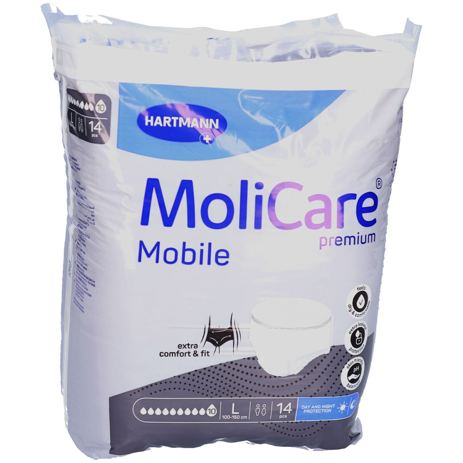 Paquet de MoliCare Mobile Premium, taille L, 14 pièces. Marque Hartmann. Confort et ajustement. Protection jour et nuit.