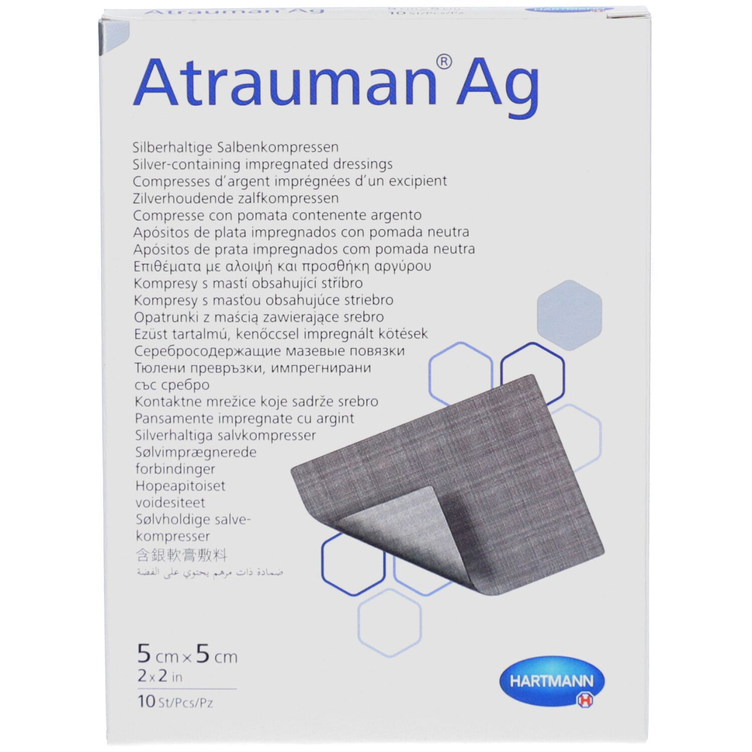 Boîte de compresses ATRAUMAN Ag. Compresses imprégnées d'argent. 5x5cm. 10 pièces. Logo Hartmann. Nom et taille du produit.