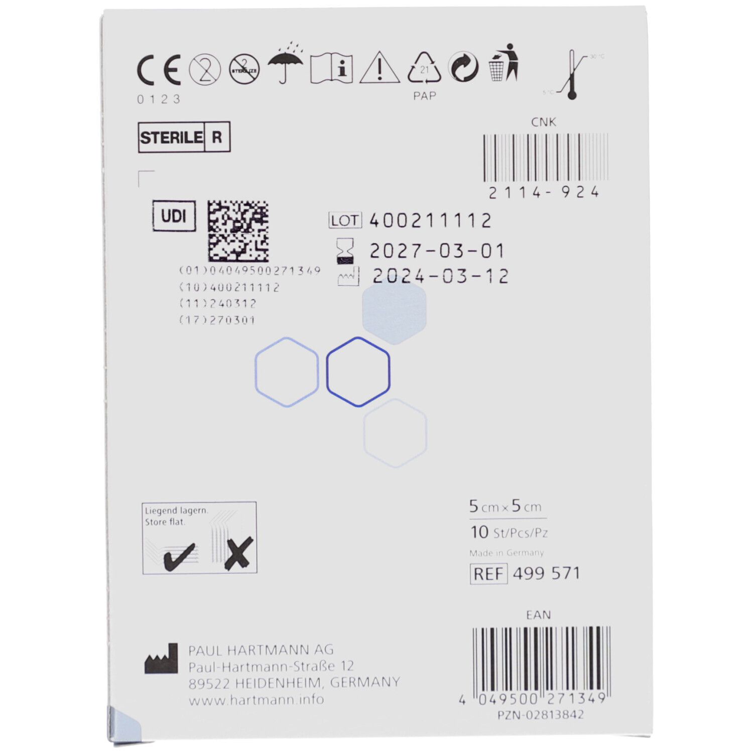 Dos de l'emballage. Compresses stériles. Numéro de lot, date d'expiration. 5x5cm. 10 pièces. Logo Hartmann. Dispositif médical.