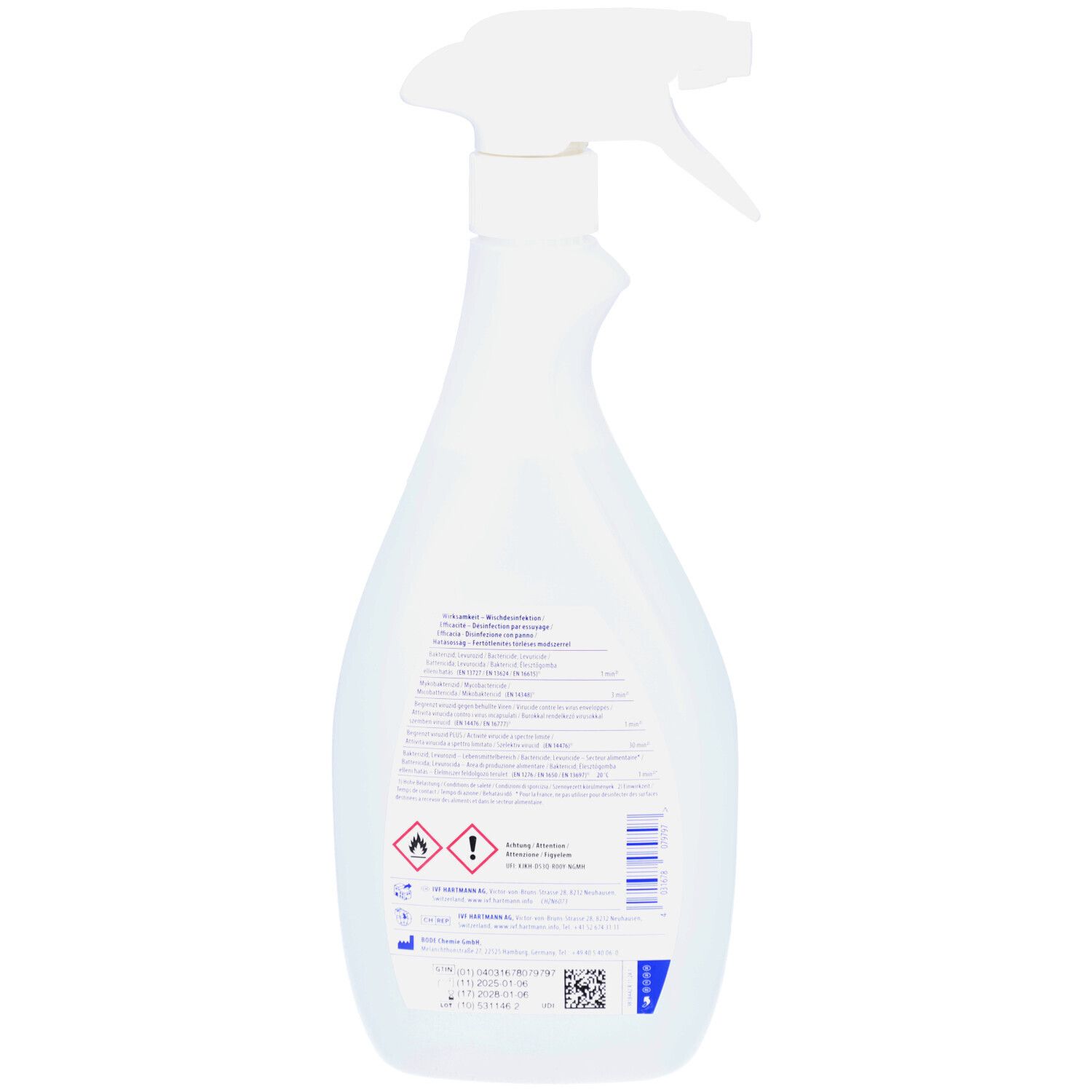Dos du flacon pulvérisateur. Informations textuelles et avertissements. Marque HARTMANN. Étiquettes avec symboles et code-barres.