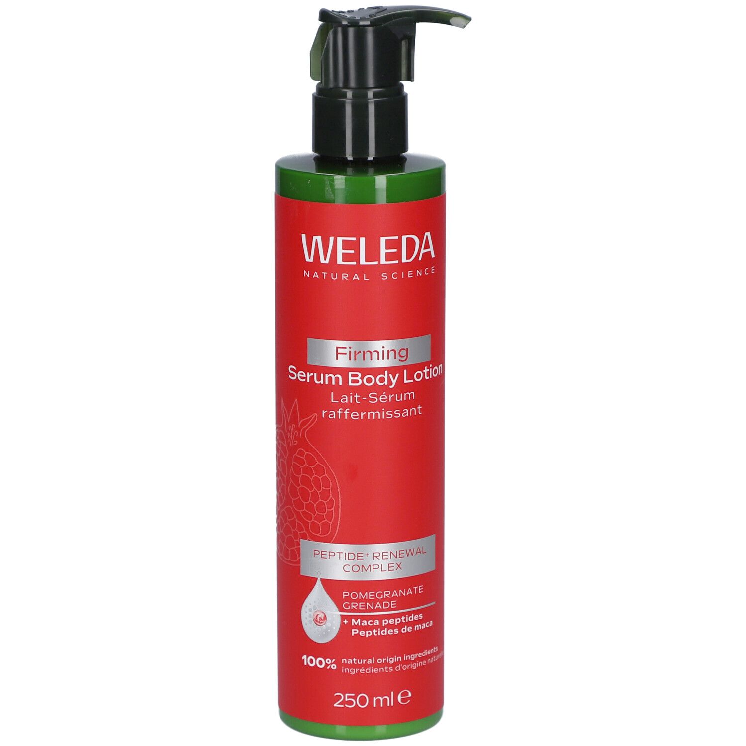 Flacon rouge avec pompe noire. Inscription WELEDA, Firming Serum Body Lotion. 250 ml. Motif grenade.