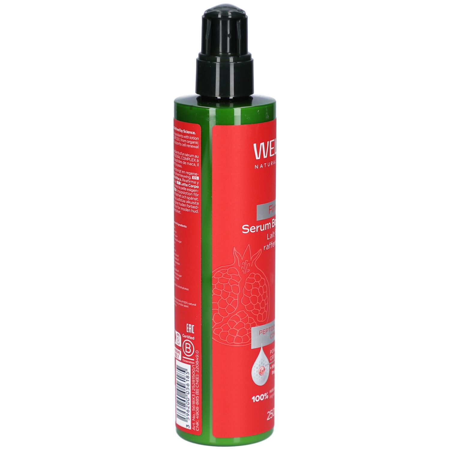 Flacon rouge avec pompe noire. Inscription WELEDA, Firming Serum Body Lotion. Motif grenade. 250 ml.