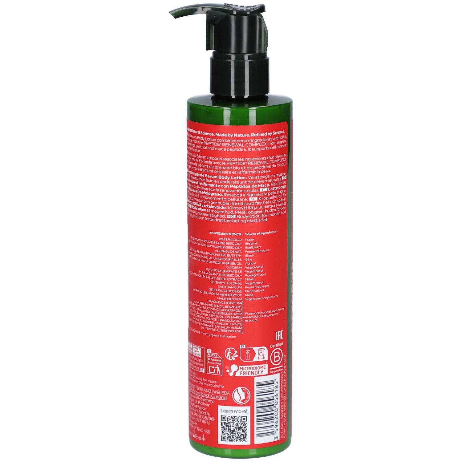 Flacon rouge avec pompe noire. Dos avec texte et code-barres. Bouchon et base verts. 250 ml.