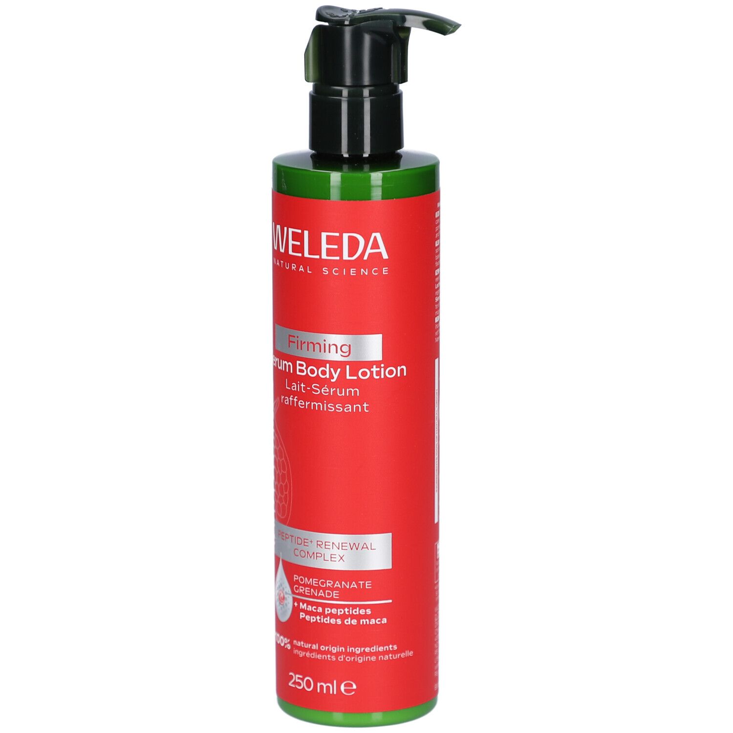 Flacon rouge avec pompe noire. Inscription WELEDA, Firming Serum Body Lotion. 250 ml. Motif grenade.