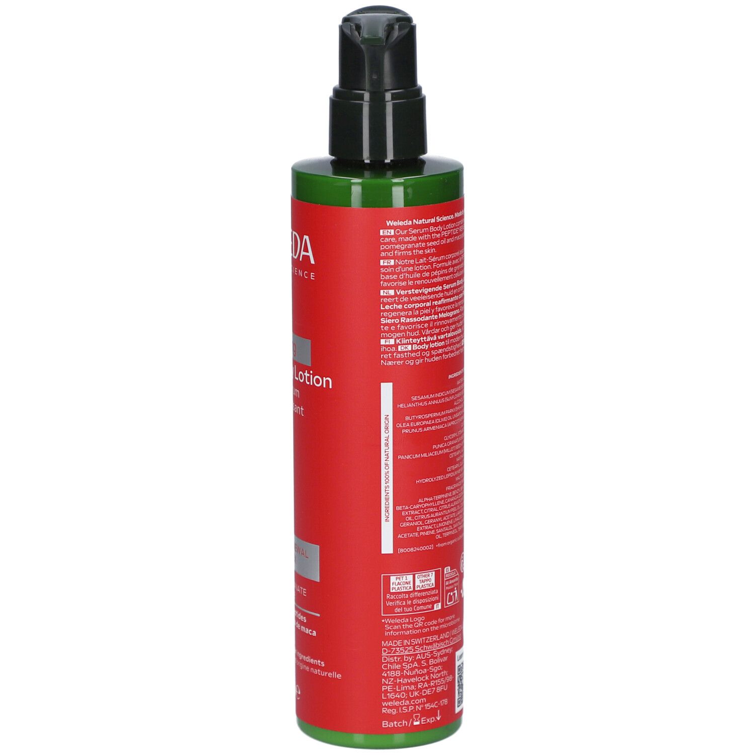 Flacon rouge avec pompe noire. Dos avec texte et code-barres. Bouchon et base verts. 250 ml.