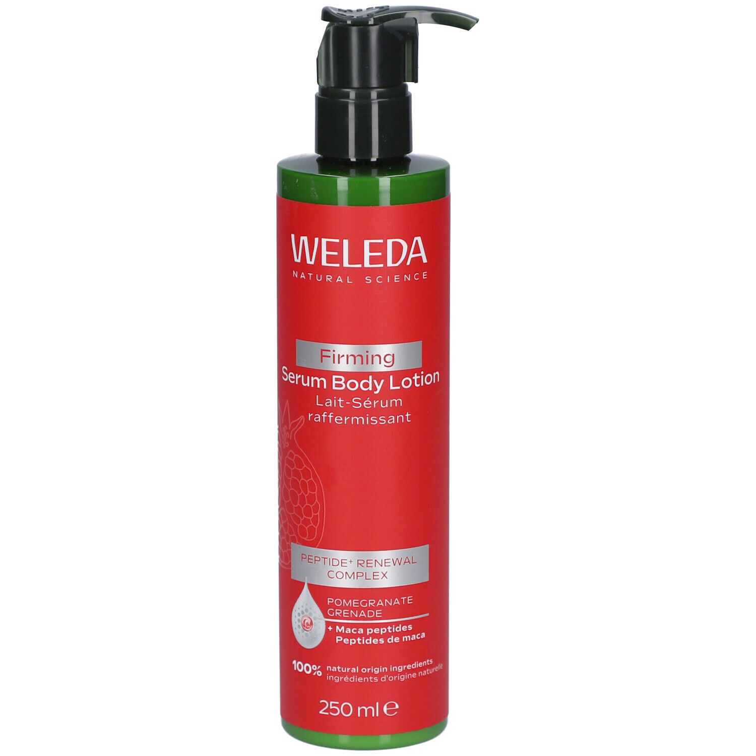 Flacon rouge avec pompe noire. Inscription WELEDA, Firming Serum Body Lotion. 250 ml. Motif grenade.