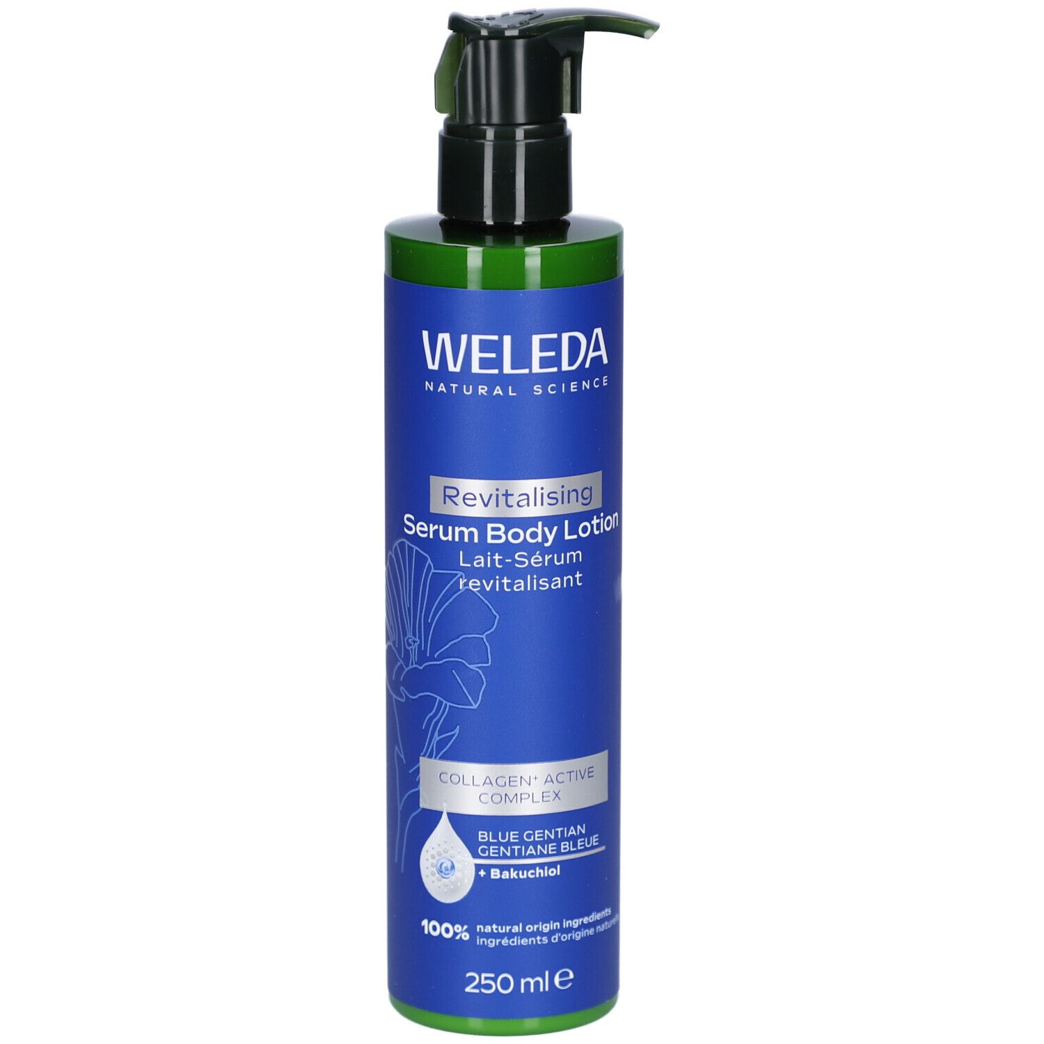 Flacon bleu avec pompe noire. Inscription WELEDA, Revitalising Serum Body Lotion. 250 ml.