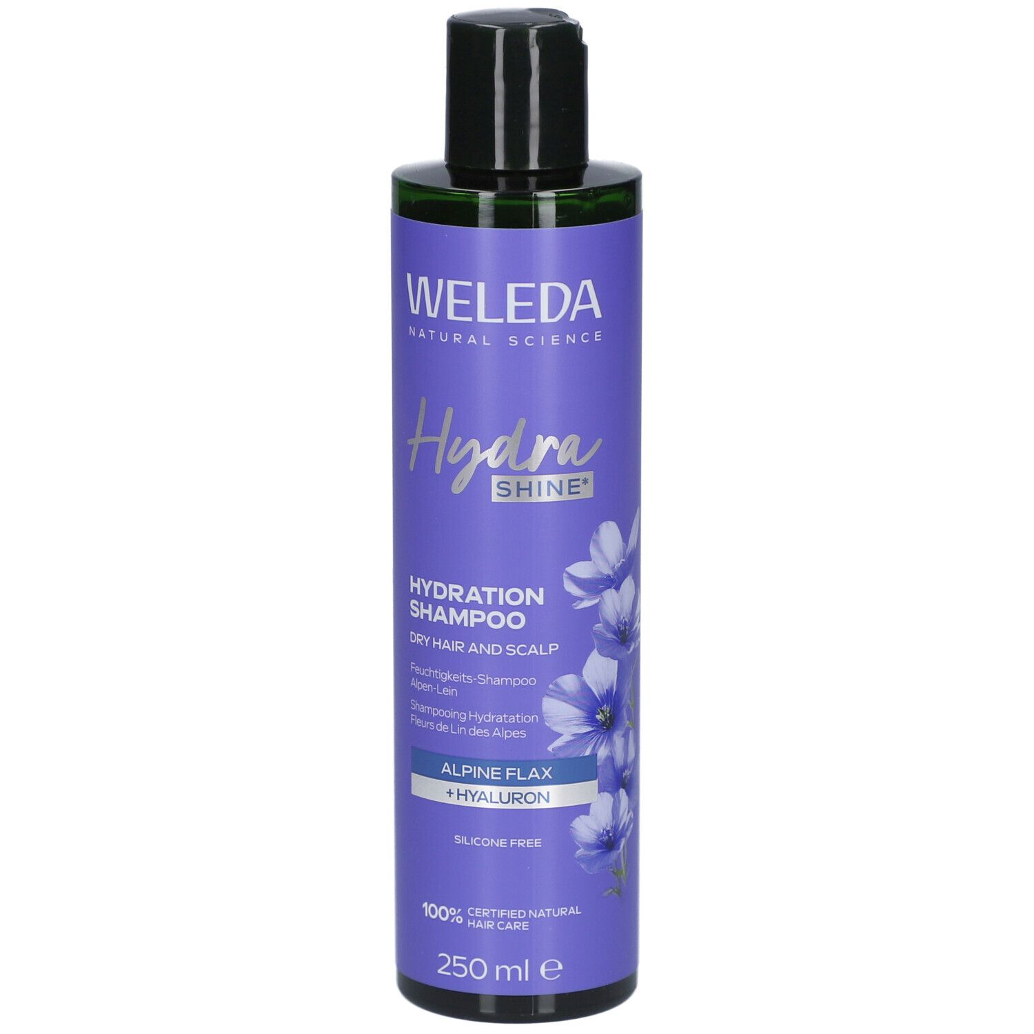 Flacon de shampooing violet avec bouchon noir. Inscription: WELEDA Hydra Shine Shampooing Hydratation. Avec lin alpin et hyaluron.