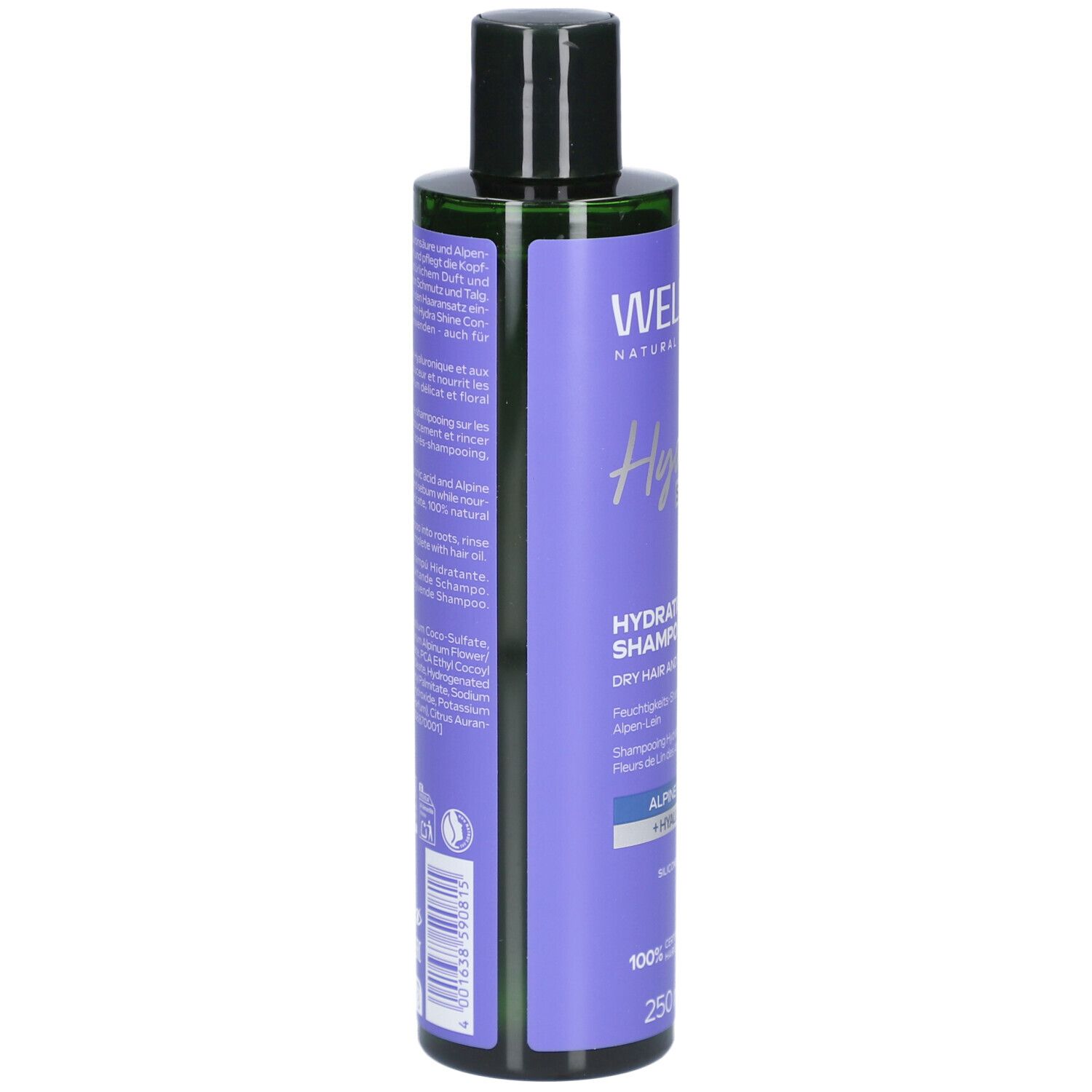 Dos du flacon de shampooing violet. Texte en plusieurs langues. Inscription: WELEDA Hydra Shine Shampooing Hydratation. Avec lin alpin et hyaluron.