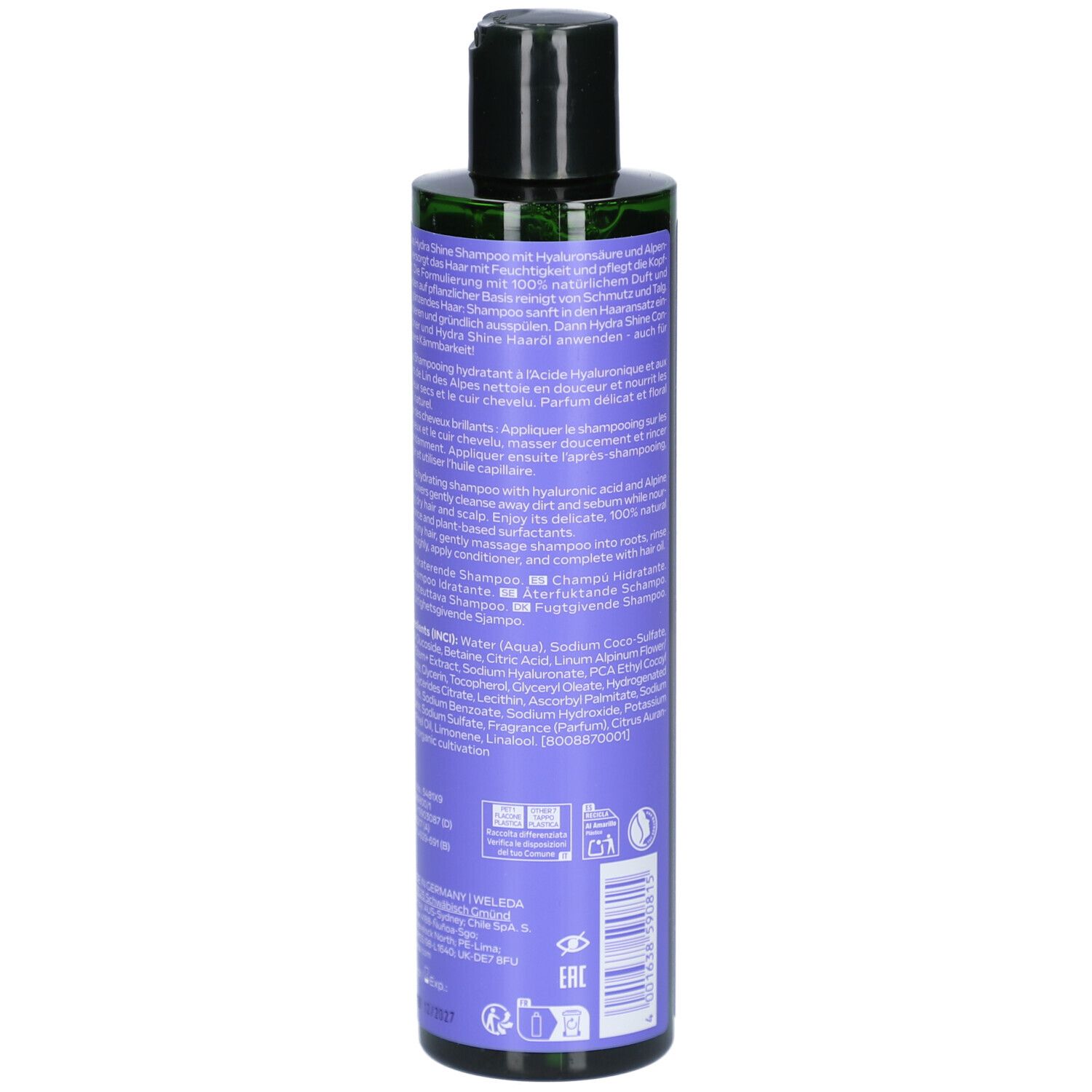 Dos du flacon de shampooing violet. Texte en plusieurs langues. Inscription: WELEDA Hydra Shine Shampooing Hydratation. Avec lin alpin et hyaluron.