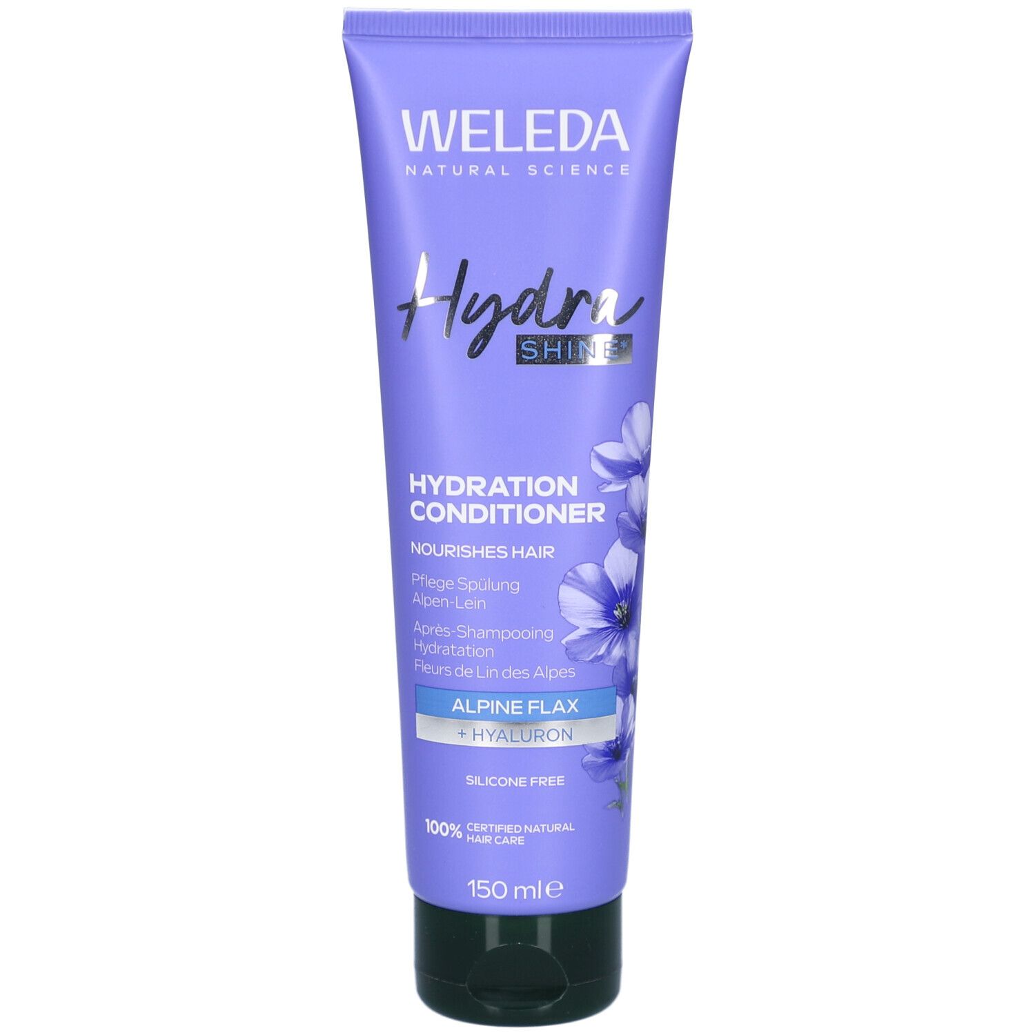Tube violet WELEDA Hydra Shine. Texte: Hydratation Conditioner, Alpine Flax + Hyaluron, 150 ml. Illustration de fleurs.