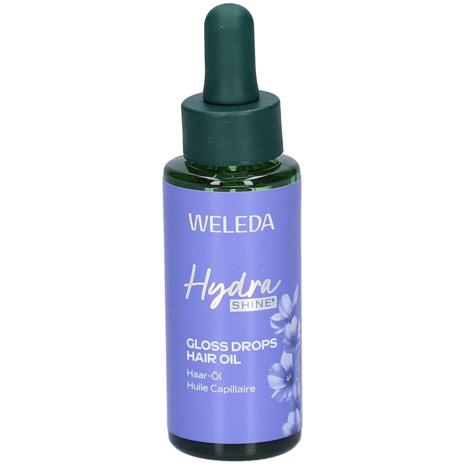 Flacon avec bouchon vert et pipette. Inscription WELEDA Hydra Shine, Gloss Drops Hair Oil. Étiquette violette avec fleurs.