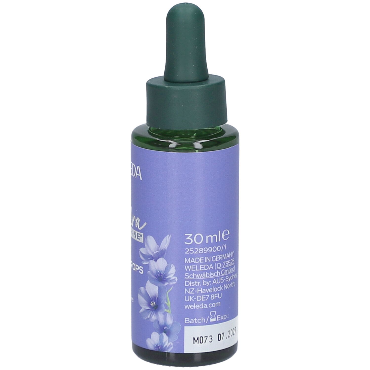 Flacon avec bouchon vert et pipette. WELEDA Hydra Shine, Gloss Drops Hair Oil. 30 ml. Numéro de lot et date de péremption.