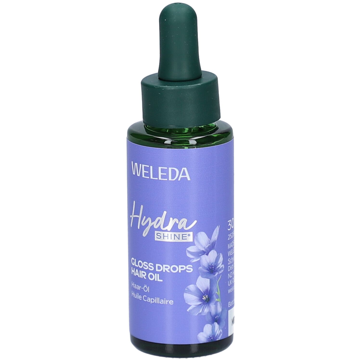Flacon avec bouchon vert et pipette. WELEDA Hydra Shine, Gloss Drops Hair Oil. Étiquette violette avec fleurs et nom du produit.