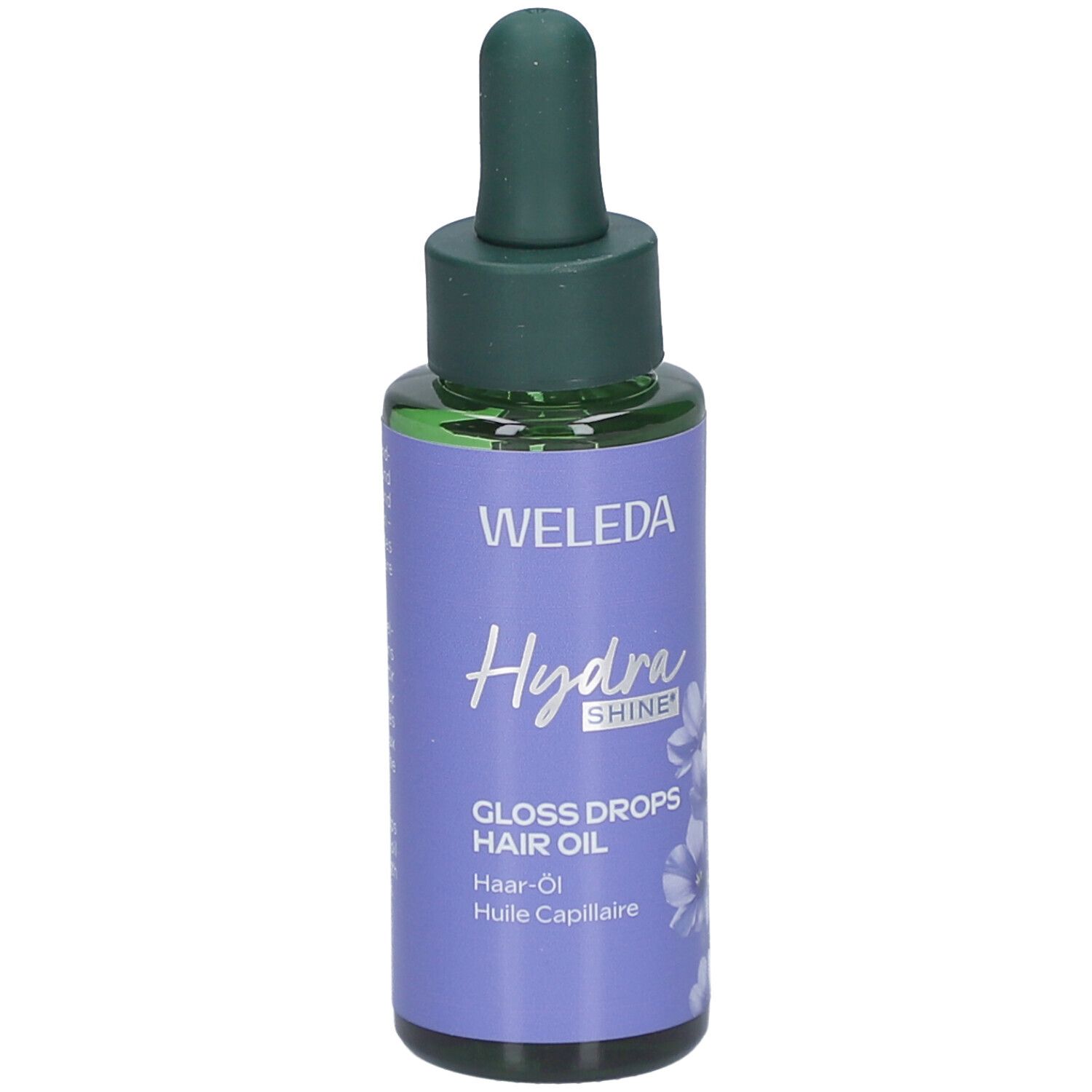 Flacon avec bouchon vert et pipette. WELEDA Hydra Shine, Gloss Drops Hair Oil. Étiquette violette avec fleurs et nom du produit.