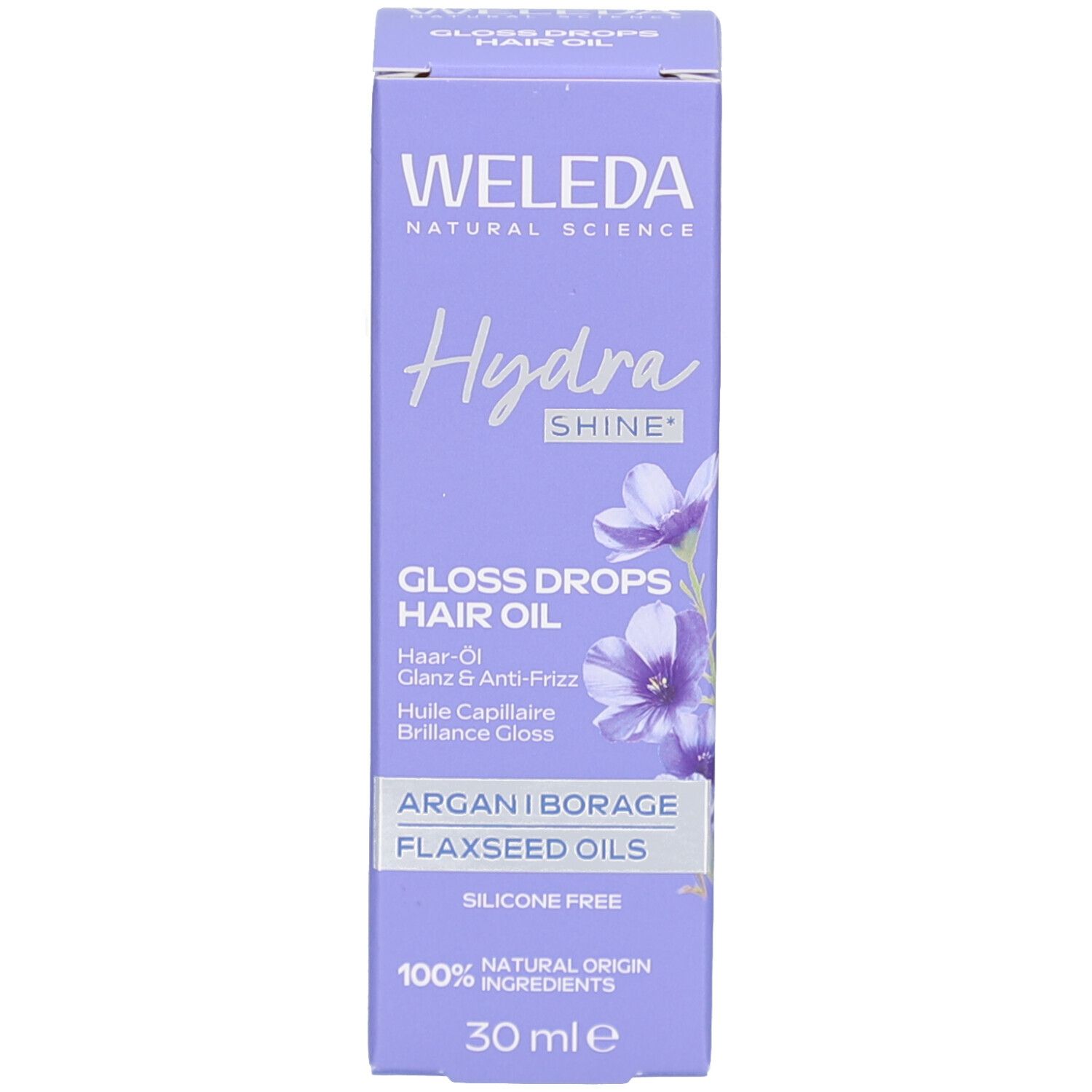 Emballage du produit. WELEDA Hydra Shine, Gloss Drops Hair Oil. Boîte avec nom du produit et ingrédients.