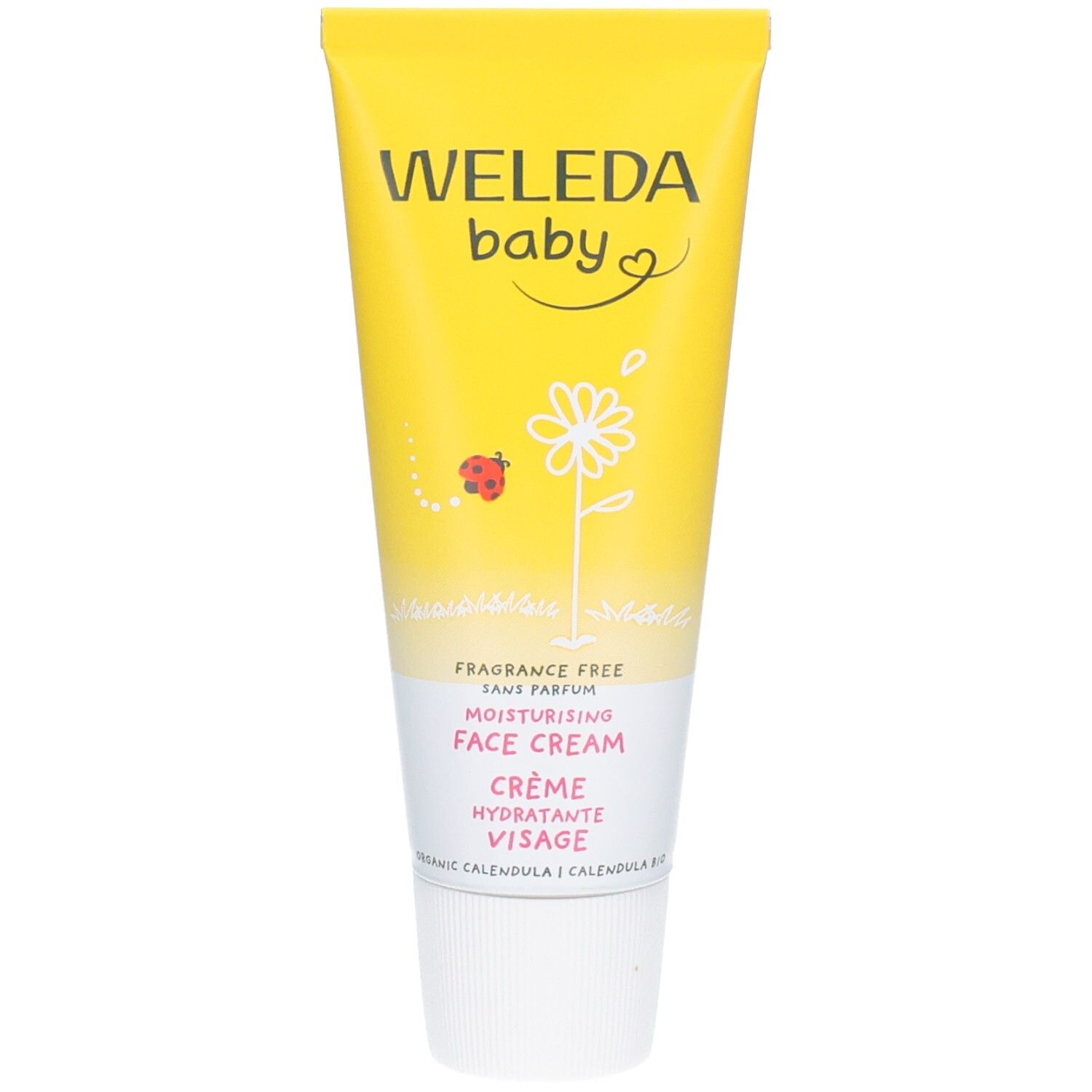 Tube jaune avec impression. Crème pour le visage sans parfum. Inscription: WELEDA baby. Illustration de fleur de calendula.
