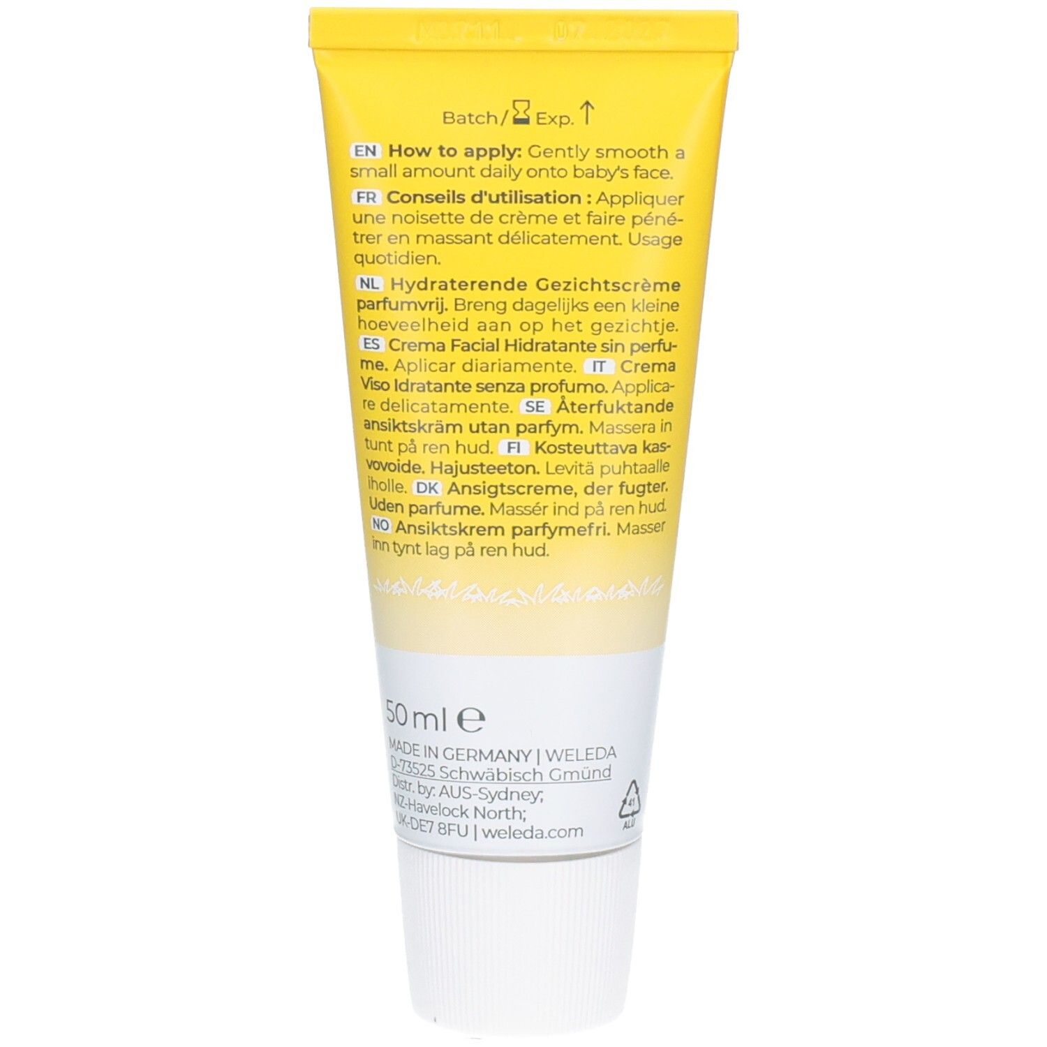 Dos du tube jaune. Texte multilingue. Informations d'utilisation et ingrédients. Indication de 50 ml.