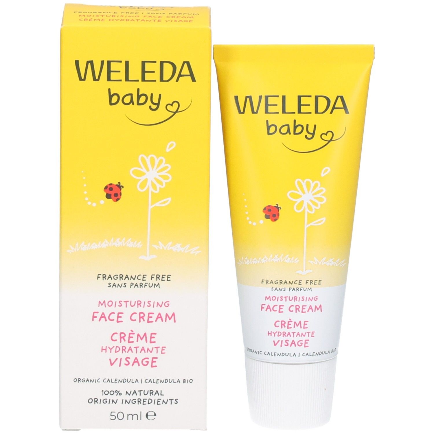 Emballage du produit. Boîte et tube jaunes. Inscription: WELEDA baby, soin du visage, sans parfum. Illustration de fleur de calendula.