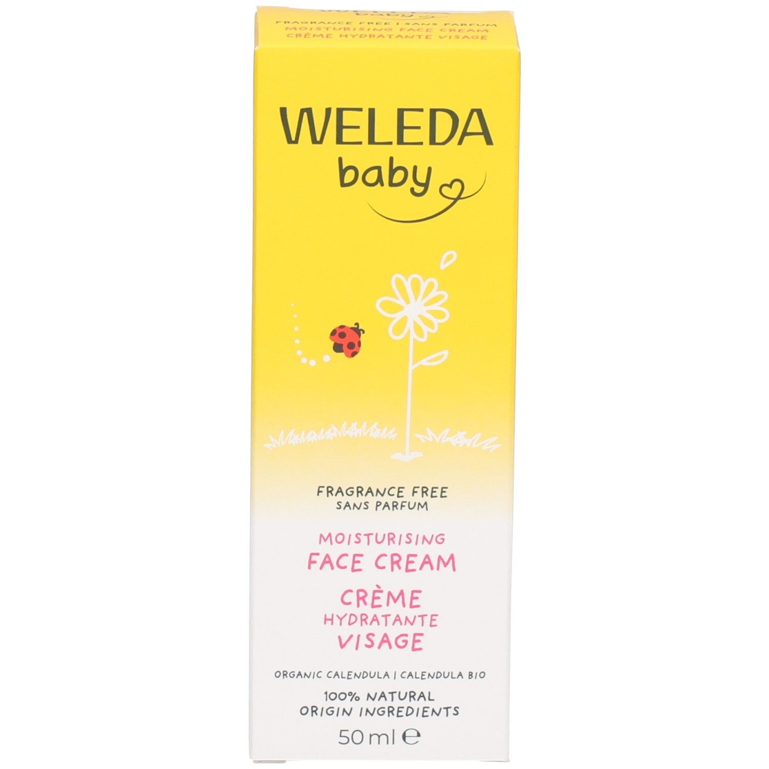 Boîte jaune. Inscription: WELEDA baby, soin du visage, sans parfum. Illustration de fleur de calendula. Indication de 50 ml.