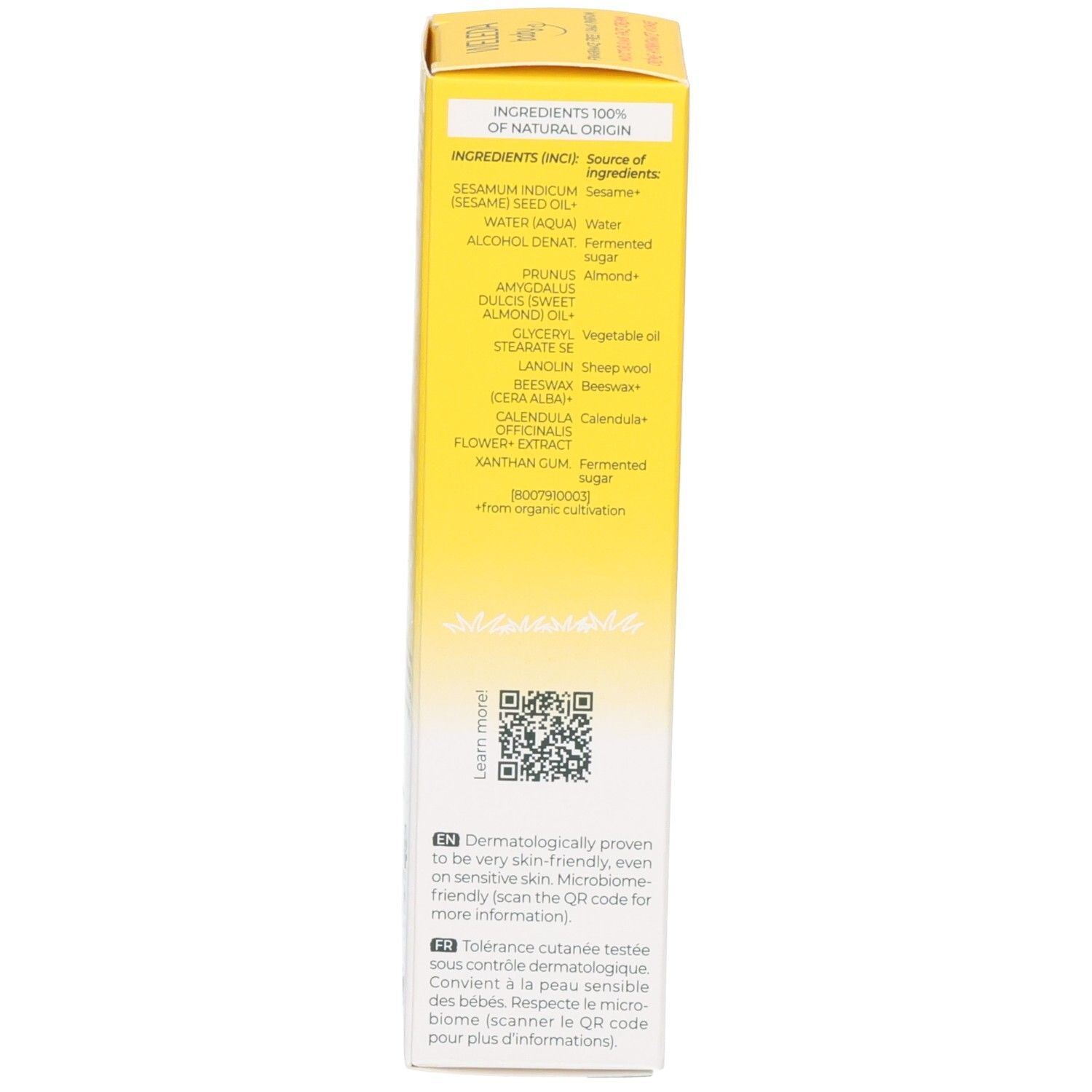 Dos de la boîte jaune. Liste des ingrédients. Code QR. Texte en anglais. Testé dermatologiquement.