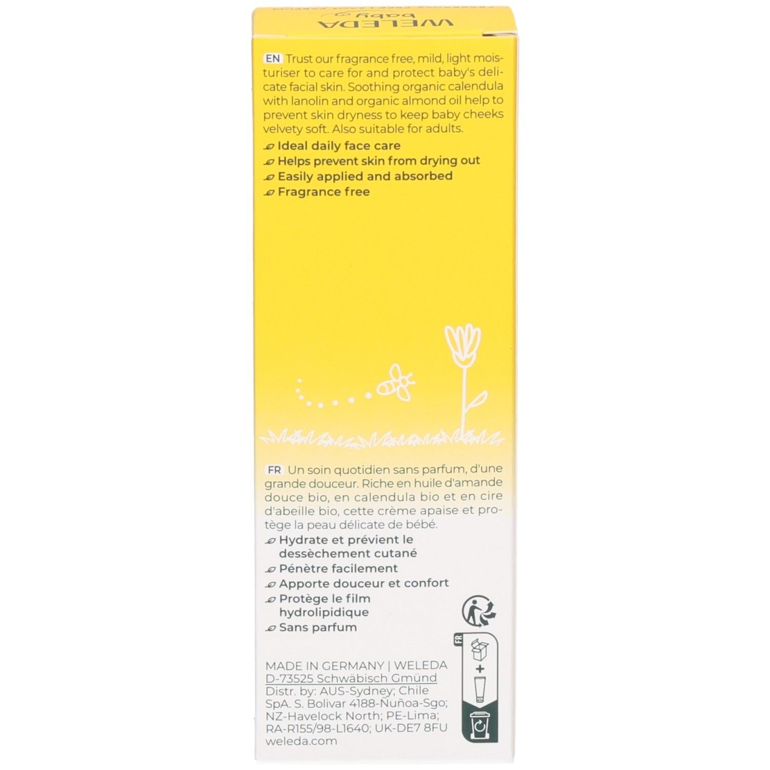 Côté de la boîte jaune. Texte multilingue. Informations d'utilisation et avantages. Fabriqué en Allemagne.