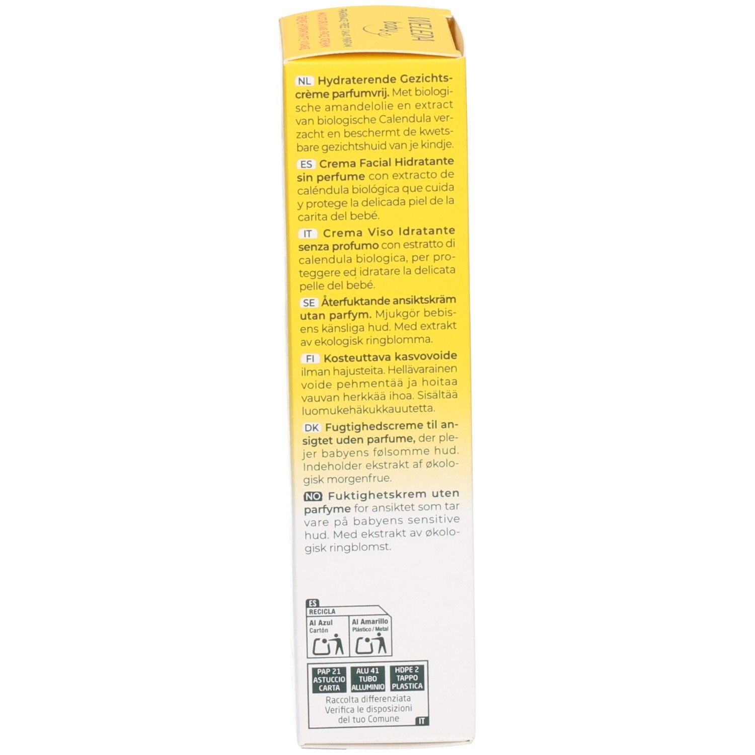 Côté de la boîte jaune. Texte multilingue. Informations d'utilisation et avantages. Avec symboles de recyclage.