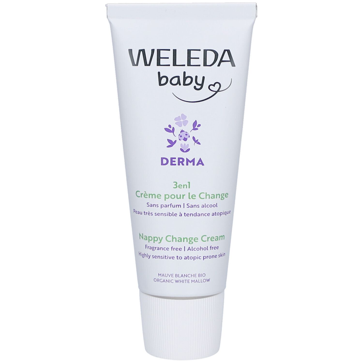 Tube de crème pour le change Weleda Baby Derma 3en1. Bouchon blanc. Inscriptions en français et anglais.