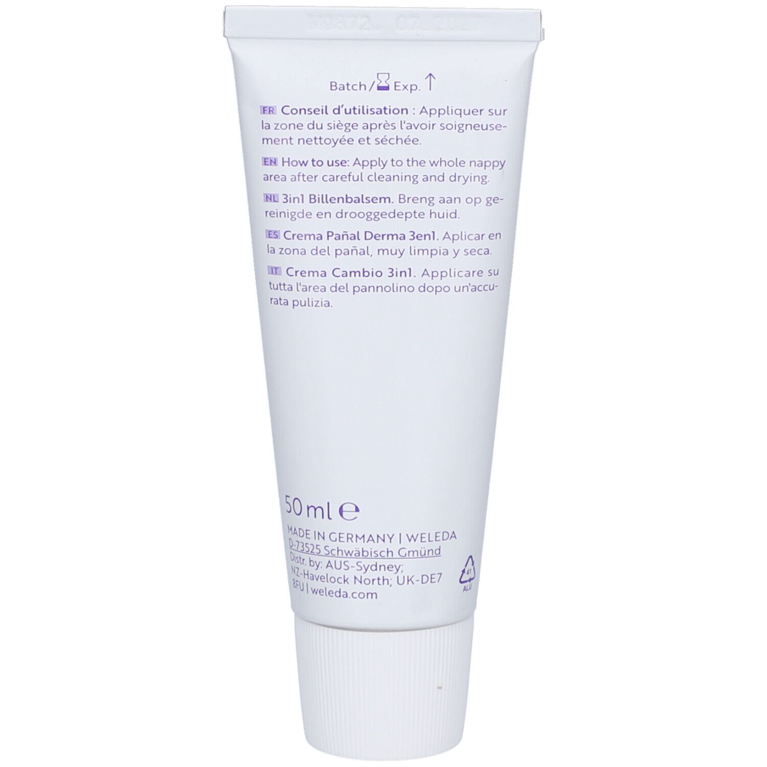 Dos du tube de crème Weleda Baby Derma 3en1. Texte multilingue, dont français, anglais et italien.