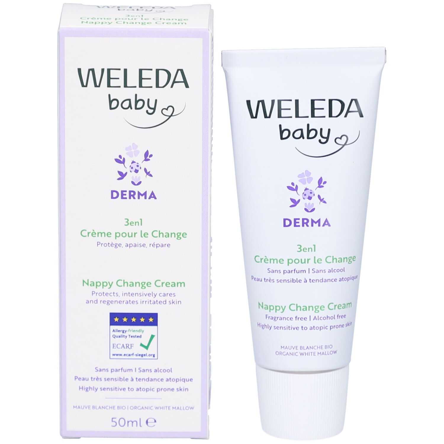 Crème et emballage Weleda Baby Derma 3en1. Tube et boîte côte à côte. Texte en français et anglais.