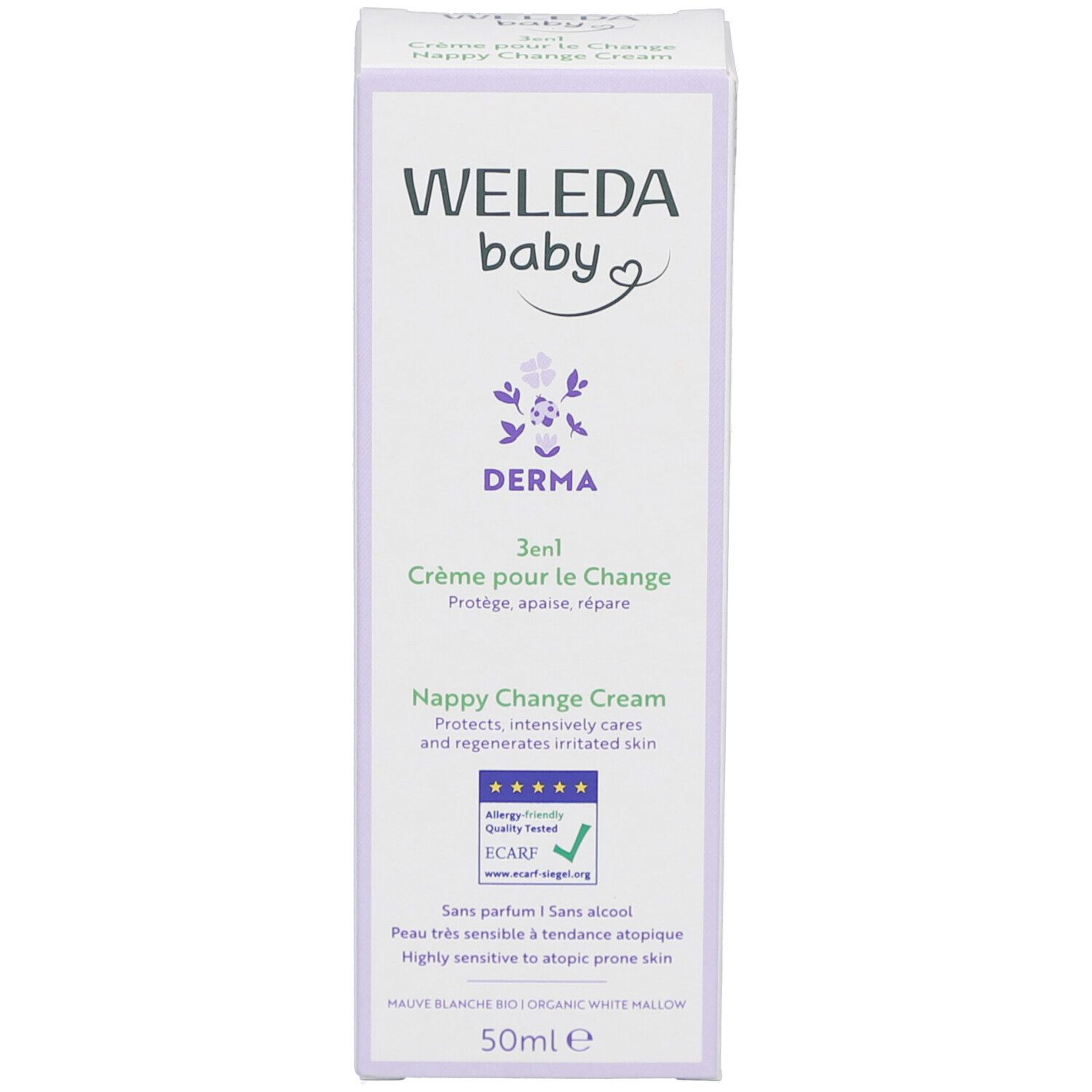 Emballage de la crème Weleda Baby Derma 3en1. Boîte avec nom et logo du produit. Texte en français et anglais.