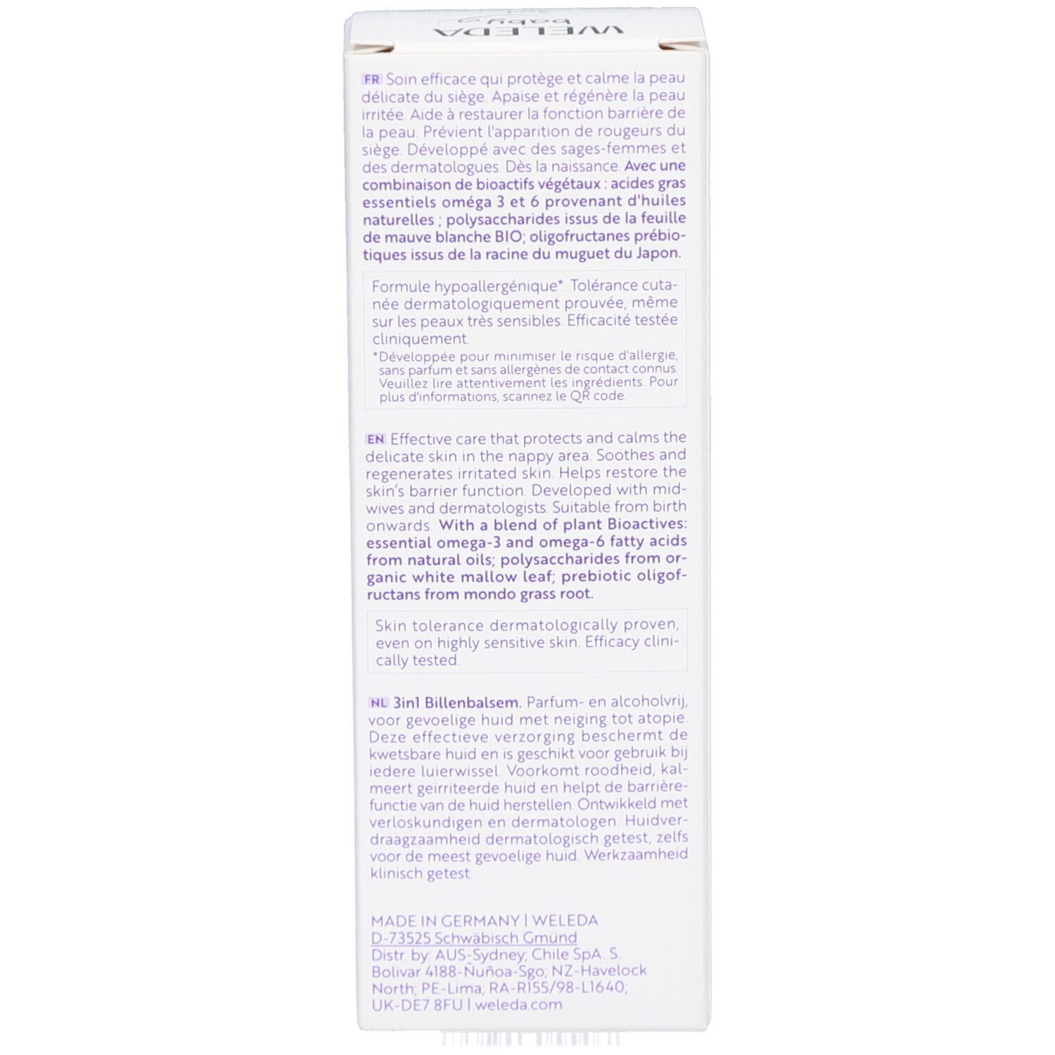 Dos de l'emballage de la crème Weleda Baby Derma 3en1. Texte multilingue, dont français et anglais.
