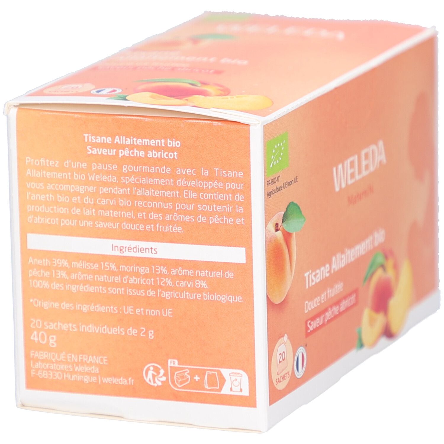 Boîte avec texte et liste d'ingrédients. Logo WELEDA. Texte: Tisane Allaitement bio, Saveur pêche abricot. Logo bio. 20 sachets.